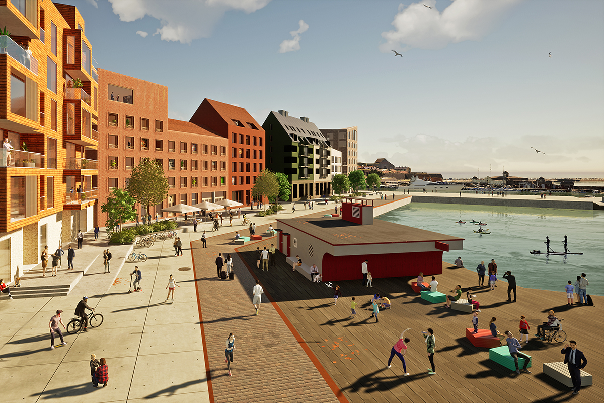 Visualisering av kommunens förslag på nya Kajpromenaden i Västerport. Människor flanerar, cyklar med mera på ett brett kajstråk längs med vattnet. Längst bak skymtar fästningen.
