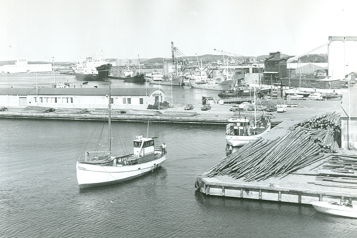 Varbergs hamn på 60-talet. En fiskebåt lämnar Hoken, på kajen ligger drivor med trästörar.