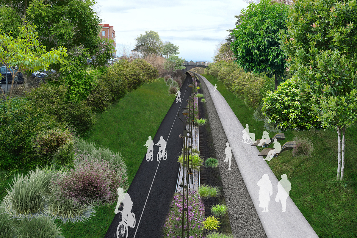 Skiss som visar hur spårområdet kan förvandlas till gång- och cykelväg med omkringliggande grönska. 