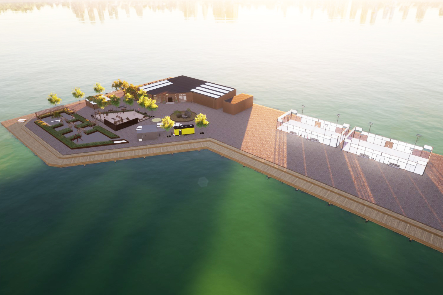 Visualisering av en hamnpir med byggnader, grönska och padelbanor.