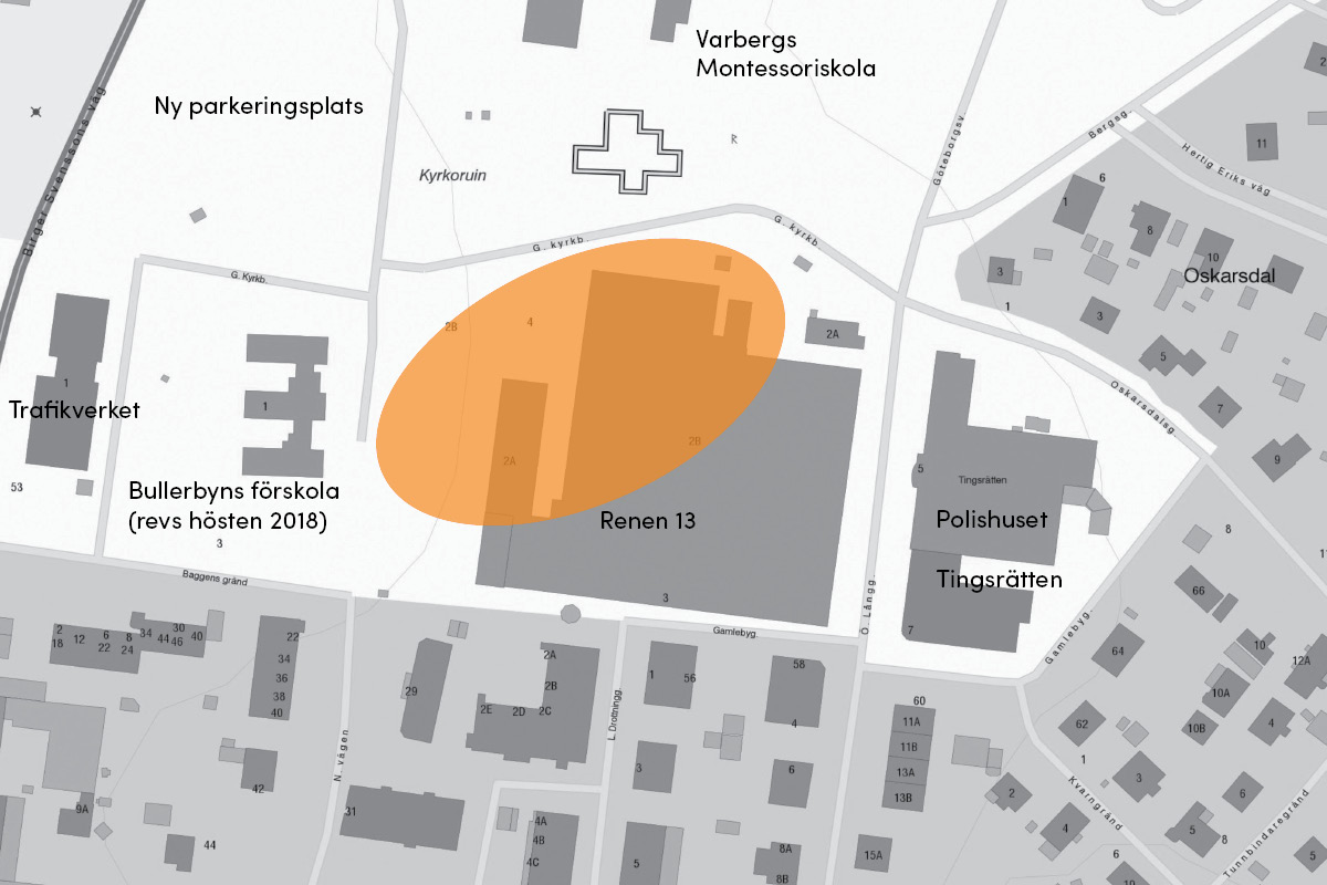 Orange oval markerar området för schaktsaneringen inne på Renens område. 