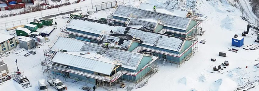 Flygfoto över byggandet av Trönningenäs förskola