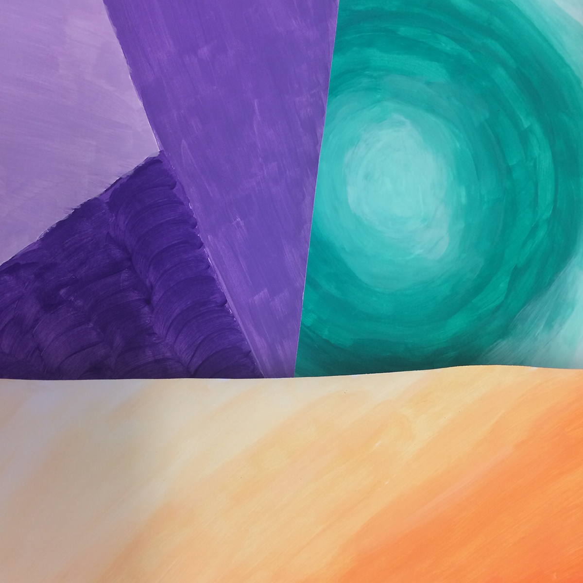 Abstrakt målning med fält i turkost, lila och orange.