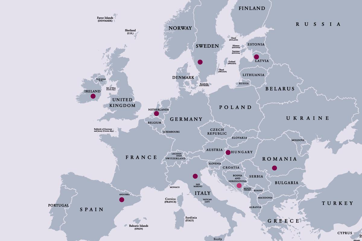Europakarta som visar olika partners i projektet. 