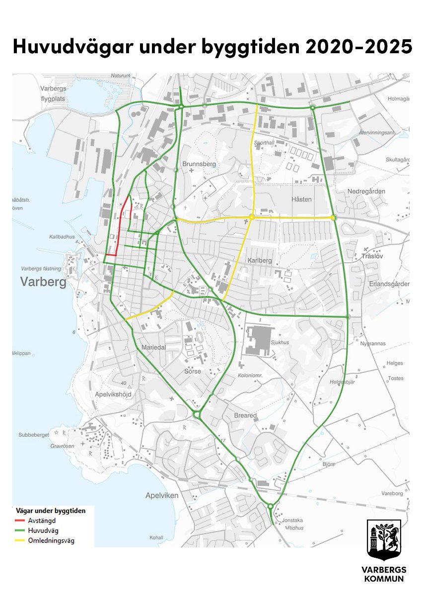 Huvudvägar i centrum under byggtiden för Varbergstunneln 2020-2025