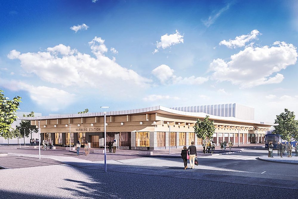 Skiss över Varbergs nya station. Träbyggnad med vågigt tak. Illustration: Okidoki