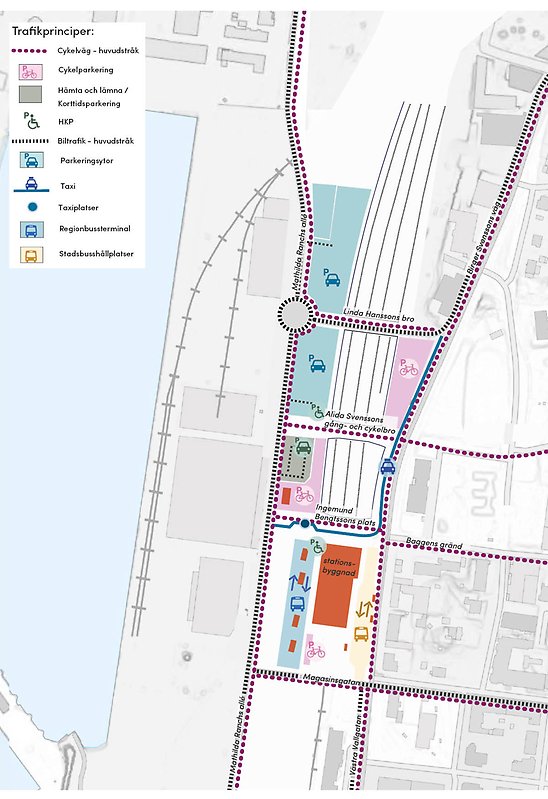 Karta som visar hur trafiken ska fungera vid nya stationen. 